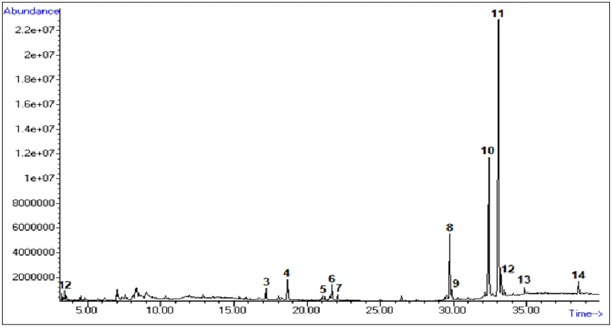 FIG. 2: GC-MS CHROMATOGRAM OF METHANOLIC EXTRACT OF  ALCHEMILLA CAUCASICA