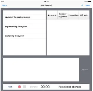 Figure 2. A screenshot of the support system app. Three guidelines for the discussion are shown on the left, the four buttons indicating ‘Argument’, ‘Counterargument’, ‘Proposition’ and ‘Off topic’ are shown on the right