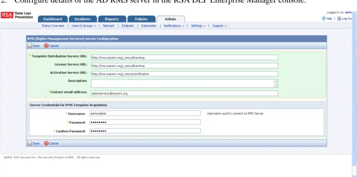 Figure 10: RSA DLP Configuration Screen for AD RMS 