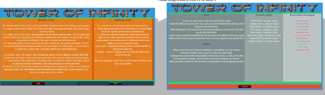 Figure 6: The screen containing all controls (left) and the screen containing the rules, assembly-speeds and requirements (right) 