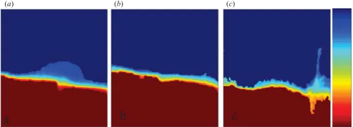 Figure 5. Time sequence of video frames of the interface for (0(a) Ri 0 = 335, Ri f = 8 %,b) Ri 0 = 312, Ri f = 5 %, (c) Ri 0 = 128, Ri f = 8 %