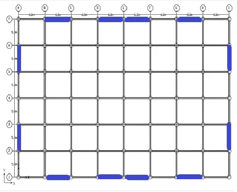 Fig -3: Plan Layout showing the location of different types of bracings and shear wall for RCC and CFT building