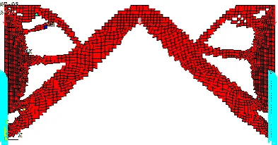 Figure 8 shows the optimized image for three point load bridge structure. Here a butterfly type structure is obtained as optimized topology