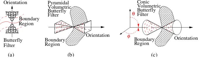 Fig. 7.(a) 2D Butterﬂy ﬁlter, (b) Pyramidal volumetric butterﬂy ﬁlters, (c) Conic volumetric butterﬂy ﬁlters