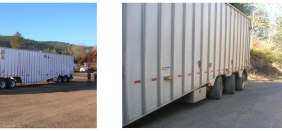 Figure 1.7 Rear-steer axle chip trailer operating in Port Angeles, Washington. This  configuration is comprised of a tri-axle trailer (left) with two steering axles (right)
