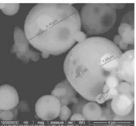 Figure 1 shows the SEM micrograph of a coal fly ash sample at 20000x  magniﬁcation. It is seen that, fly ash particles are mostly spherical in shape, whereas small amount of irregular shaped particles are also present.