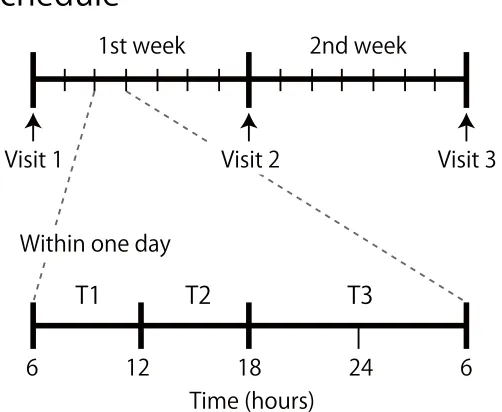 Fig 1. Experimental schedule. Each participant was asked to complete both pop-out and serial visual search tasksthree times daily [at any time between the set periods 6am to 12 noon (T1), 12 noon to 6pm (T2), and 6pm to 6am thefollowing day (T3)] for fourt