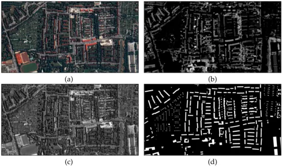 Fig. 3: Test area: (a) RGB, (b) nDSM, (c) PAN and (d) Ground truth building mask.