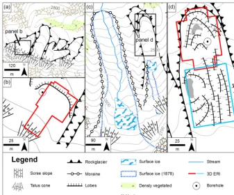 Figure 2. Geomorphological setting: (a, b) Nair and (c, d) Uertsch. Legend adapted from Kneisel et al