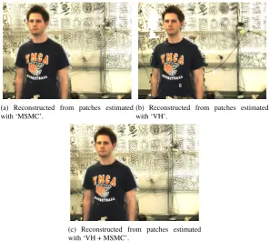 Figure 1: An input image with the border between foreground and background imageoverlayed for two different algorithms.