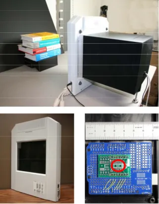 Figure 9. Prototype device. The top photo shows the  laboratory set up to acquire the image of the books