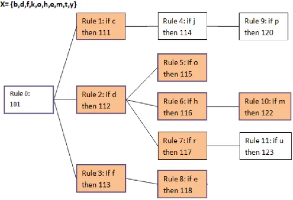 Figure 3-5. An MCRDR structure showing evaluated rules for the input X= {b, d, f, k, o, h, e, m, t, y}