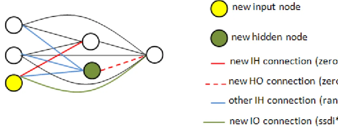Figure 4-4. Adding a new input and hidden node to an ANN 