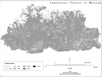 Fig. 2. Ecosystem service values in Bhutan. An overlay of the values and the land cover types, estimating total values for each area of Bhutan.