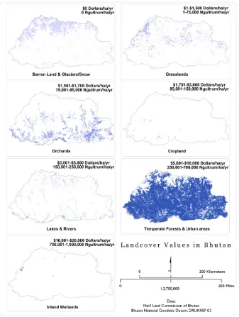 Fig. 3. Ecosystem service values in Bhutan in various value ranges. Fig. 2 split up into six individual maps, each one showing one of the six value categories.