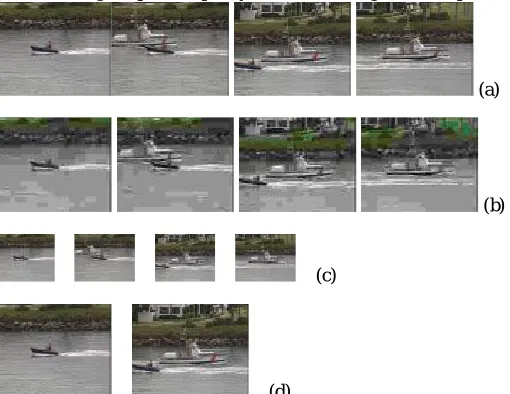 Fig. 3: Scalable video: (a) video frames reconstructed from the complete bit-stream; (b) video frames with degraded quality; (c) video frames with a smaller image size; (d) video frames with a lower frame rate