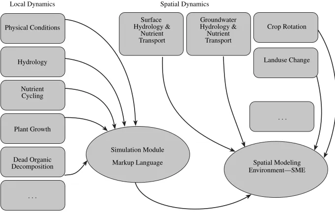 Fig. 1. Principle modules and their interaction. The local modules are formulated as STELLA models, the spatial modules are C++code, using SME classes to access spatially explicit variables and parameters.