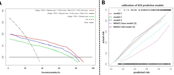 Figure 2: A.  Decision curves for the three prediction models in the whole cohort. The y-axis measures net benefit, calculated by summing  the benefits (true positives) and subtracting the harms (false positives), in which the latter are weighted by a fact