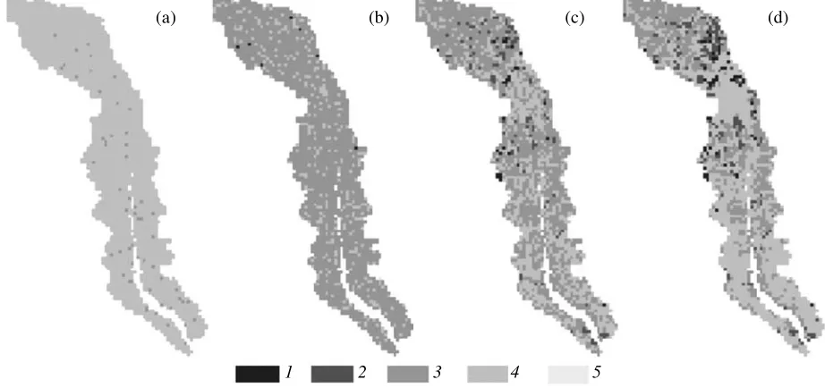 Fig. 1. Approximate reconstruction of Patuxent watershed development for 1650, 1850, 1953 and 1972, based on USGS estimates [3].