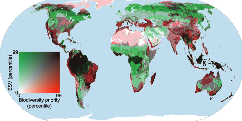 Figure 2. Spatial concordance of global biodiversity priorities and ecosystem service value (ESV)