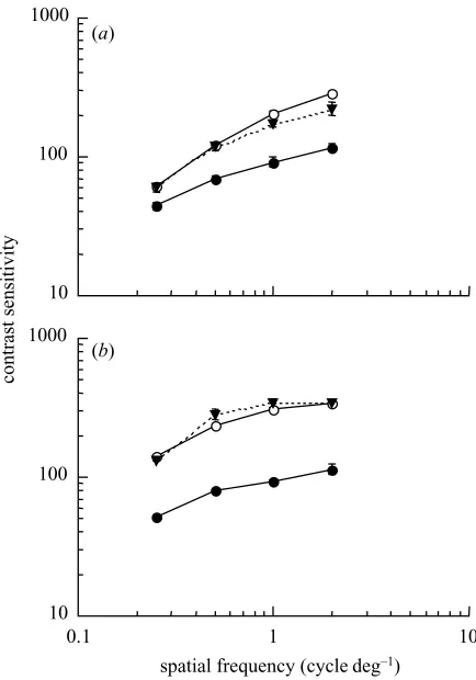 Figure 4. Contrast sensitivity for the directionaldiscrimination of luminance-modulated gratings following±adaptation to a blank yellow ﬁeld (open symbols) or low-contrast luminance gratings drifting in the same direction asthe adapt stimulus (ﬁlled circle