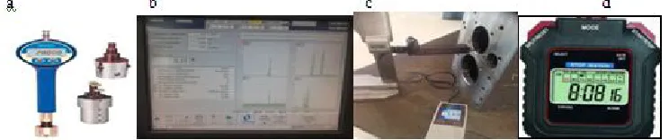 Figure 2 (a) Digital dia. test gauge for measuring bore size variation; (b) Am meter for measuring spindle load in % current; (c) Portable surface roughness tester for measuring surface roughness; (d) Digital stop watch  