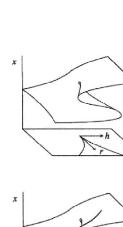 Fig. 1. Diagram of a cusp catastrophe fold. The 3-D projec-tion (top panel) shows the equilibrium space for a nonlinearsystem; when projected onto a 2-D map, it shows a bifurca-tion