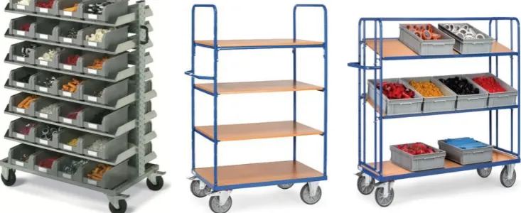 Figure 5-9 Trolley types. 5-9a source: (Fami storage systems, 2013). 5-9b and 5-9c source: (kruizinga, 2017) 