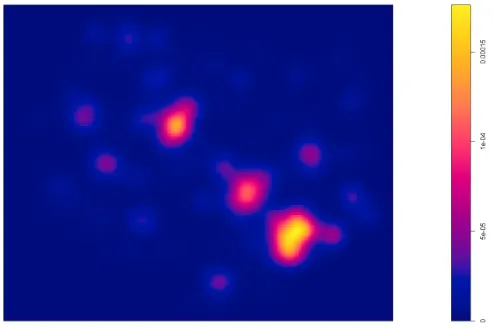 Figure 4: Gaussian mixture model with σD = 1000 for the events of Sm. The plot is providedby the package spatstat in R.