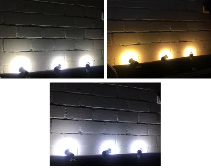 Figure 5 - Lighting settings for experiment 1 (l.r.t.b. Neutral, cosy and activating setting) 