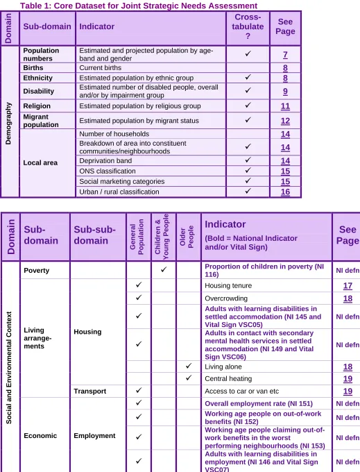 Table 1: Core Dataset for Joint Strategic Needs Assessment  Cross-