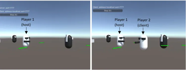 Figure 5.3: The multiplayer prototype, showing the game being played with only the host (left) and with the host and client (right)