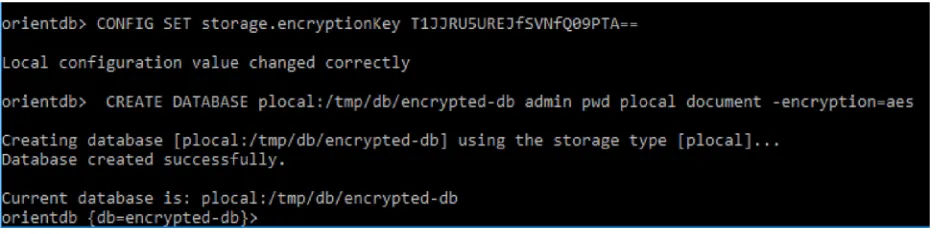 Figure 5. Create encrypted database within OrientDB. 