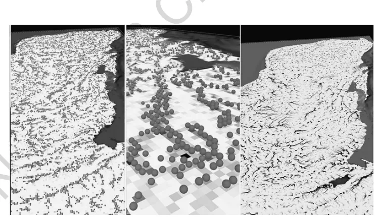 Figure 16.2 3D views of ‘raindrop’ agents following the elevation contour of the landscape to recreate rivers, lakes, and wetlands (left and centre)