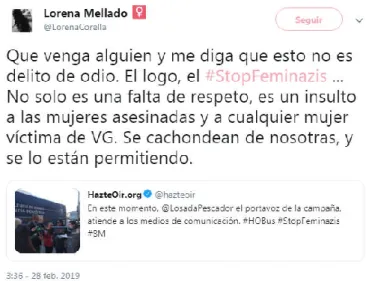 Figura 8. Tweet Lorena Mellado con motivo del autobús de HazteOír. (El Español, 2019)