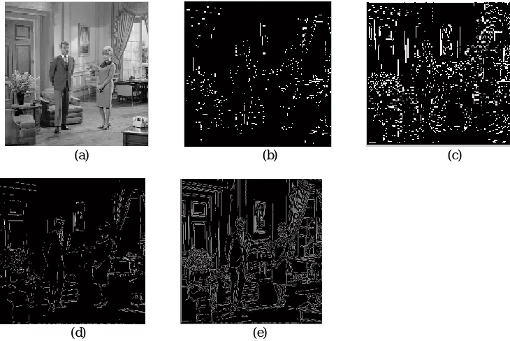 Fig.4 edge detection results on edge_couple (a) Original Image (b)Edges using Sobel  (c) Edge using Prewitt  (d) Edge using Canny  (e) Edge using Proposed  method 