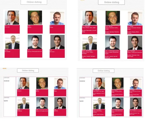 Figure 2a. Website designs of conditions with few dating options (left panel above: little information / ungrouped website design; right panel above: much information / ungrouped website design; left panel below: little information / grouped website design; right panel below: much information / grouped website design)