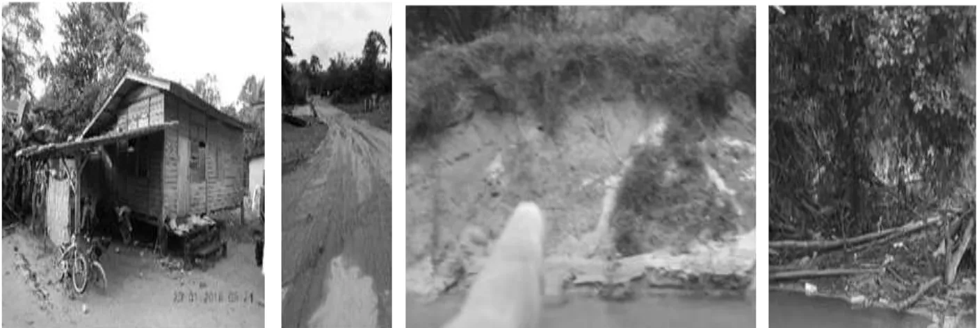 Figure 5: Evidence of physical damages caused by flood including (from left) damage of wooden house structure,  main road covered with mud, slope collapse, debris in river
