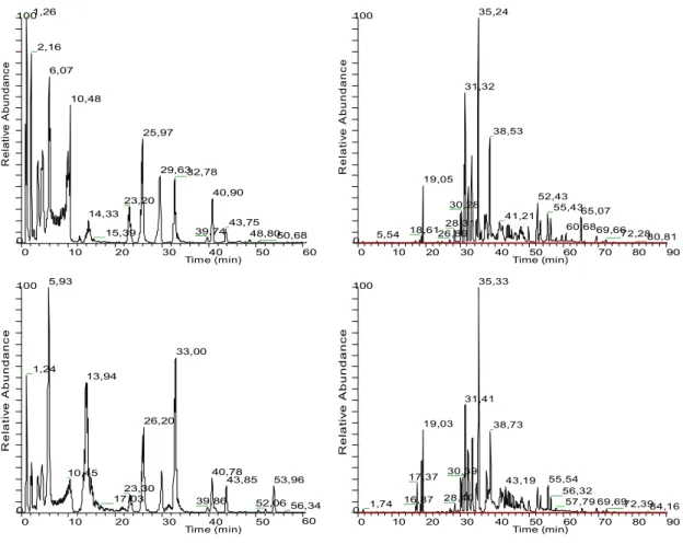 Figure 2. RP and HILIC -MS chromatograms. Upper panel: control plant. Lower panel: cold  acclimated plant