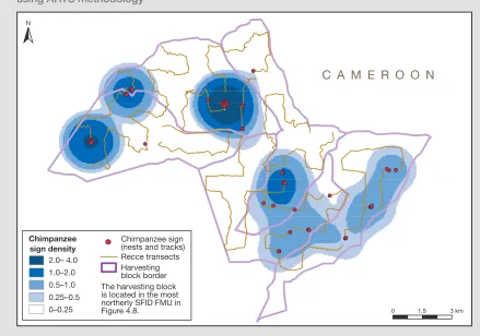 FiguRE 4.9 (a) Density of chimpanzee signs observed within one active five-year logging block, collected 
