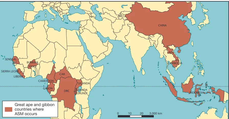 FiguRE 6.4 Map showing the overlap of ape countries with ASM 