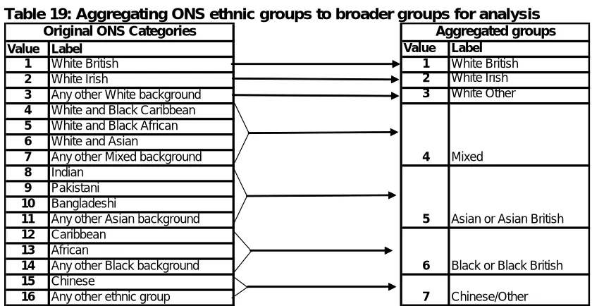 Table 19: Aggregating ONS ethnic groups to broader groups for analysis Original ONS CategoriesAggregated groups