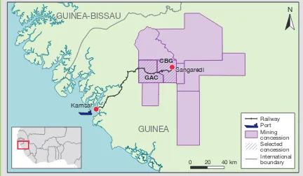FIGURE 4.9 Locations of the CBG and GAC Mining Projects and the Railway to Be Shared, Guinea