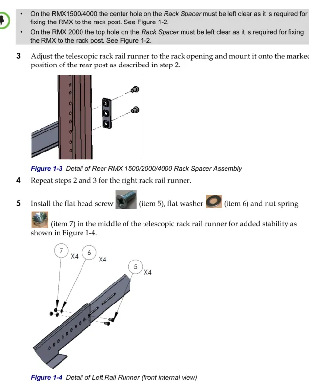 Figure 1-3 Detail of Rear RMX 1500/2000/4000 Rack Spacer Assembly 4 Repeat steps 2 and 3 for the right rack rail runner.