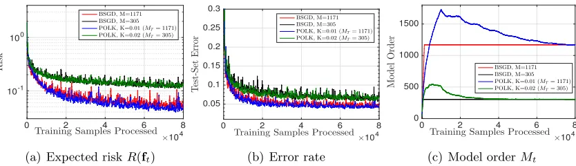 Figure 7: Comparison of POLK and BSGD on mnist data set for the Multi-KSVM task.Observe that POLK achieves lower risk and higher accuracy on this task, andextracts a model order directly from the feature space that yields convergence.