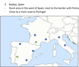 Figure 1.7-1: Current (blue) and proposed (green) locations of southern warehouses of the packaging distributor 