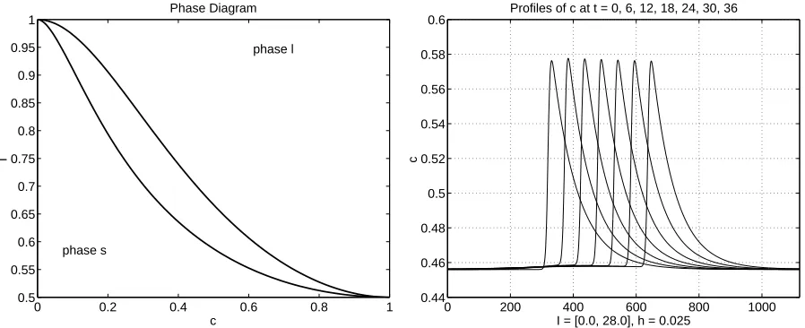 Figure 2. On the left: phase diagram for a binary mixture computed fromgradients ofonly a negligible inﬂuence of the boundary conditions on the evolution as4.3 during the evolution,(44)
