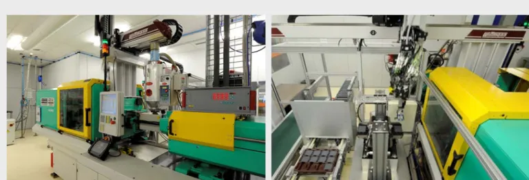 Figure 4:  Arburg injection molding  machine (left) and automated part handling with deposit in plastic blister (right) 