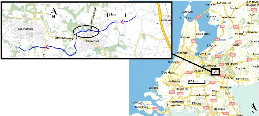 Figure 1: Location of the Lunterse beek (HKV Lijn in Water B.V., 2016), with the black oval indicating the case study area and the red arrows the flow direction 
