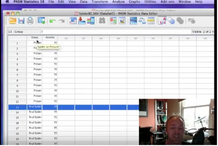 Figure 4. Screenshot of Field’s video with use of a talking head, full SPSS interface, and limited highlighting (Field, 2012) 